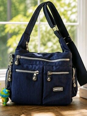 Huaeryouyue Navy Blue Nylon Crossbody Bag Multi Pocket Adjustable Strap